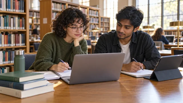 Two adult students using a laptop and tablet in a library; AI-generated editorial illustration, not actual customers or students at a named university