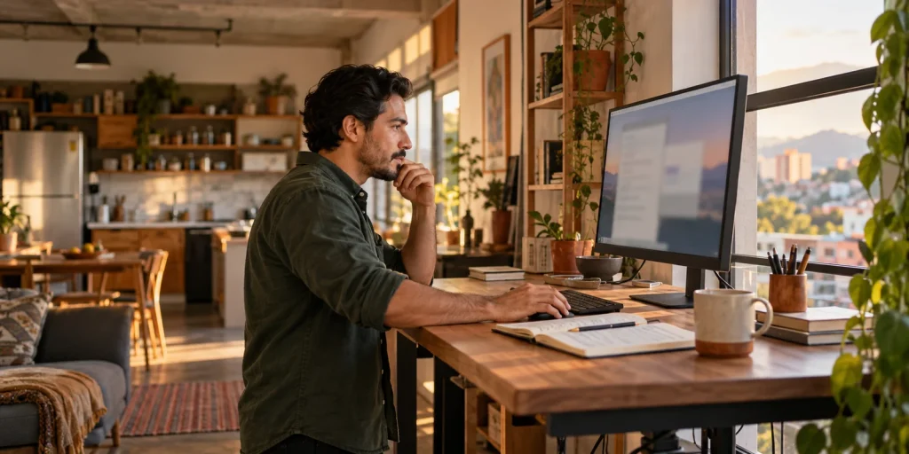 Man reviewing a desktop monitor at a home standing desk; AI-generated editorial illustration, not a contributor portrait or product test