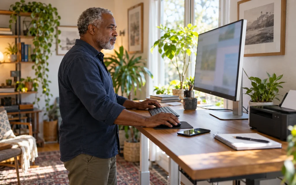 Older adult man using a desktop computer in a sunlit home office; AI-generated editorial illustration, not a customer or product test