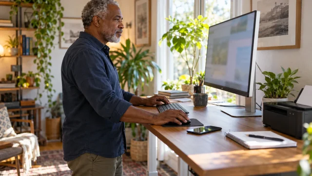 Older adult man using a desktop computer in a sunlit home office; AI-generated editorial illustration, not a customer or product test