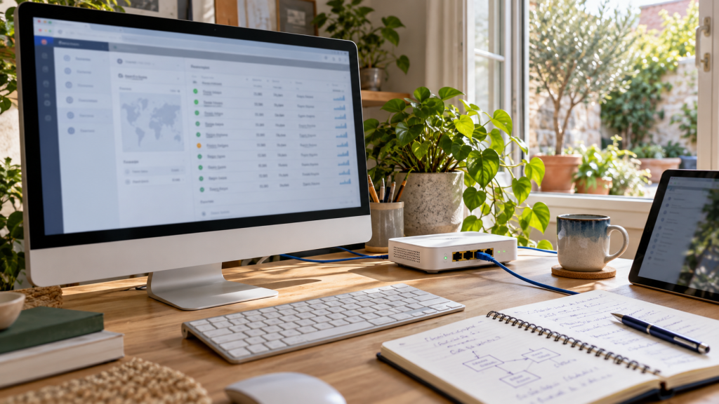 Desktop computer and wired router in a sunlit home workspace, illustrated DNS troubleshooting setting
