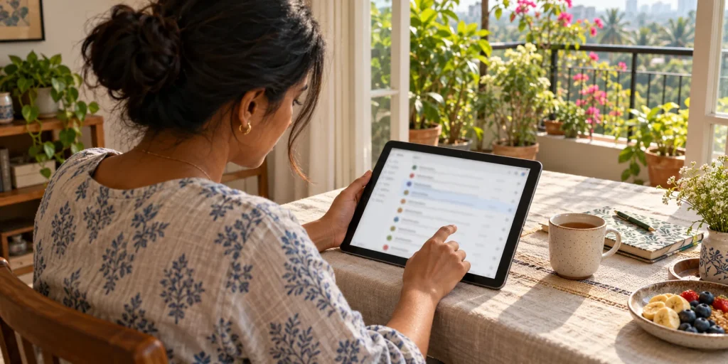 Woman reviewing an intentionally blurred generic email list on a tablet at a sunlit home breakfast table beside balcony plants; AI-generated editorial illustration, not a real inbox