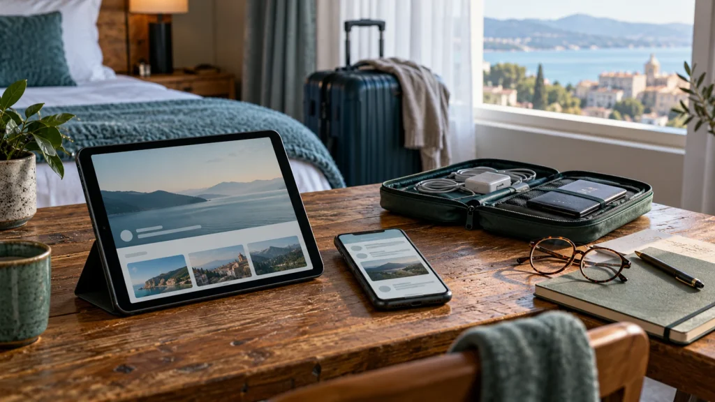 Tablet and smartphone on a hotel writing desk beside a travel organizer; AI-generated editorial illustration, not a product test