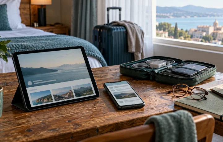 Tablet and smartphone on a hotel writing desk beside a travel organizer; AI-generated editorial illustration, not a product test