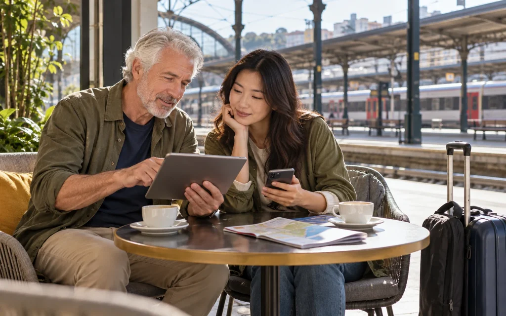 Two adult travellers comparing a tablet and phone in a station lounge; AI-generated editorial illustration, not customers or product testing