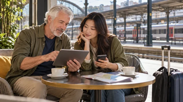 Two adult travellers comparing a tablet and phone in a station lounge; AI-generated editorial illustration, not customers or product testing