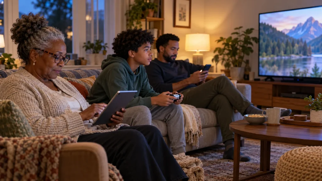 Family using a tablet, game controller and phone in a naturally lit living room; AI-generated editorial illustration, not product testing