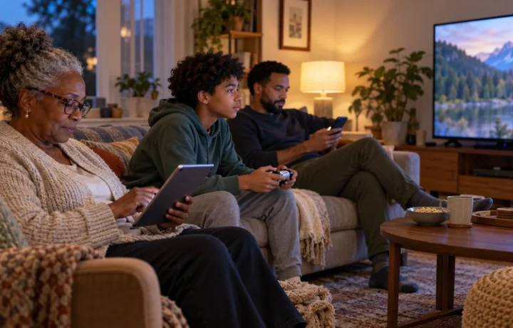 Family using a tablet, game controller and phone in a naturally lit living room; AI-generated editorial illustration, not product testing