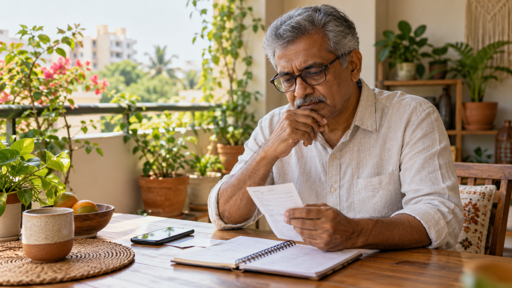 Older man reviewing a receipt beside a phone and notebook on a plant-filled balcony; AI-generated editorial illustration