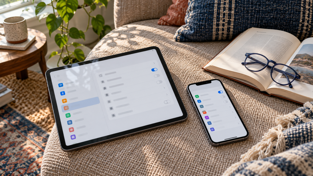 Tablet and smartphone showing indistinct settings screens on a woven sofa, editorial illustration