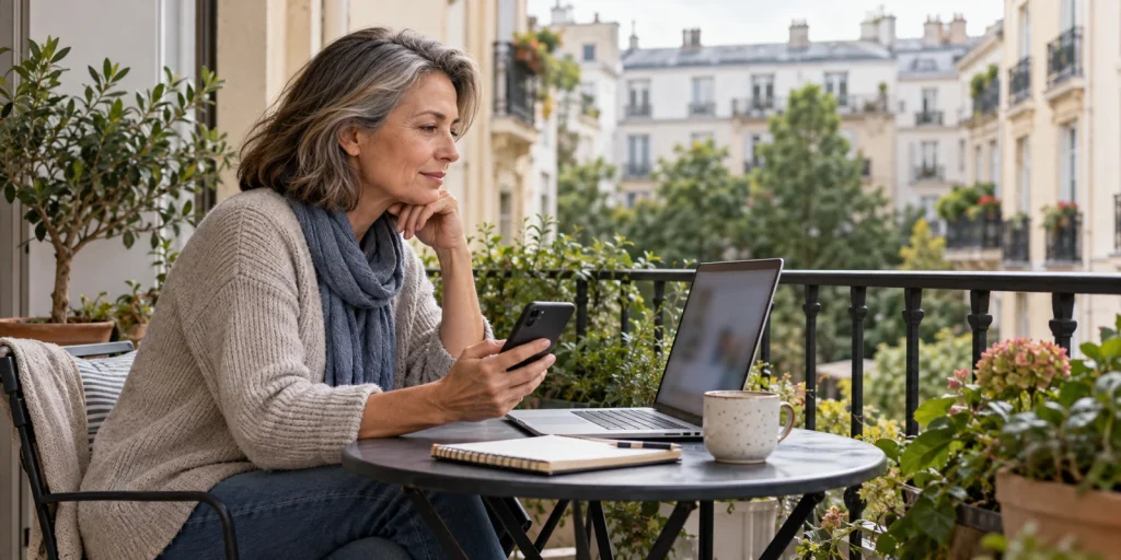 Adult woman considering a laptop and smartphone at a balcony table; AI-generated editorial illustration, not a customer endorsement or product test