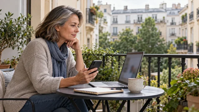 Adult woman considering a laptop and smartphone at a balcony table; AI-generated editorial illustration, not a customer endorsement or product test