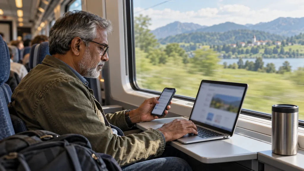 Older traveler using a compact laptop and phone beside a train window; AI-generated editorial illustration, not a product test