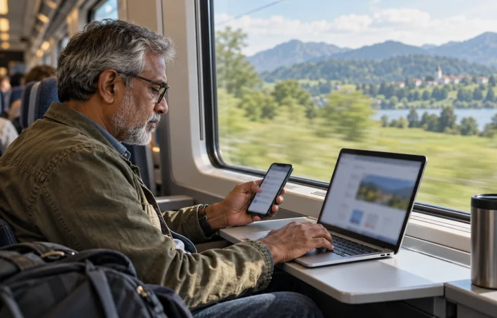 Older traveler using a compact laptop and phone beside a train window; AI-generated editorial illustration, not a product test