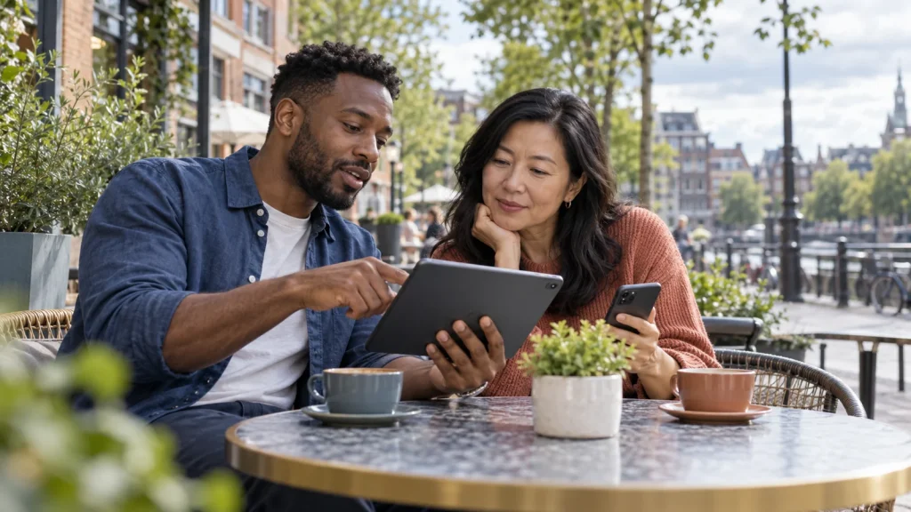 Two adults comparing a tablet and smartphone at an outdoor cafe; AI-generated editorial illustration, not VPNBlade staff or product testing