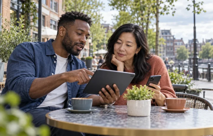 Two adults comparing a tablet and smartphone at an outdoor cafe; AI-generated editorial illustration, not VPNBlade staff or product testing