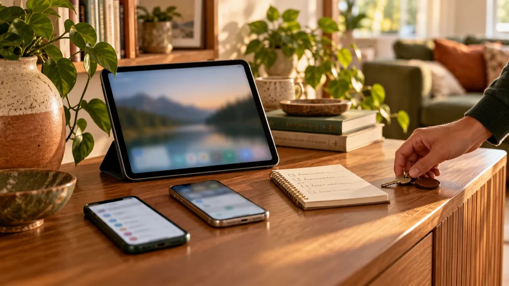 Tablet and two smartphones beside a private checklist on a living-room sideboard; AI-generated editorial illustration