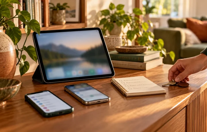 Tablet and two smartphones beside a private checklist on a living-room sideboard; AI-generated editorial illustration