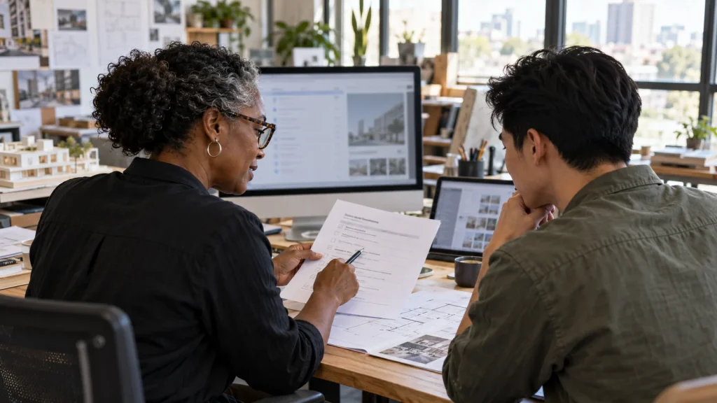 Two colleagues reviewing an access checklist in a small architecture studio; AI-generated editorial illustration, not a product test