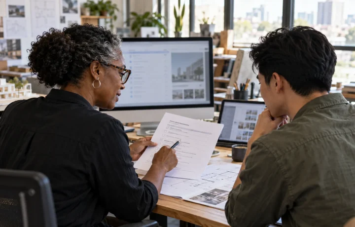 Two colleagues reviewing an access checklist in a small architecture studio; AI-generated editorial illustration, not a product test