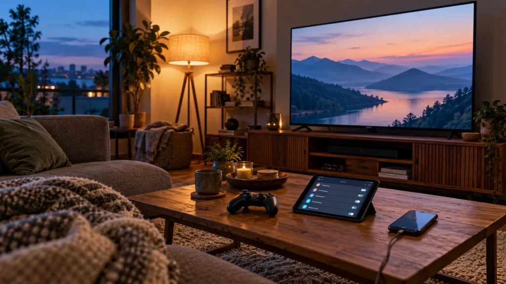 TV, tablet, smartphone and game controller in a naturally lit media room; AI-generated editorial illustration, not product testing
