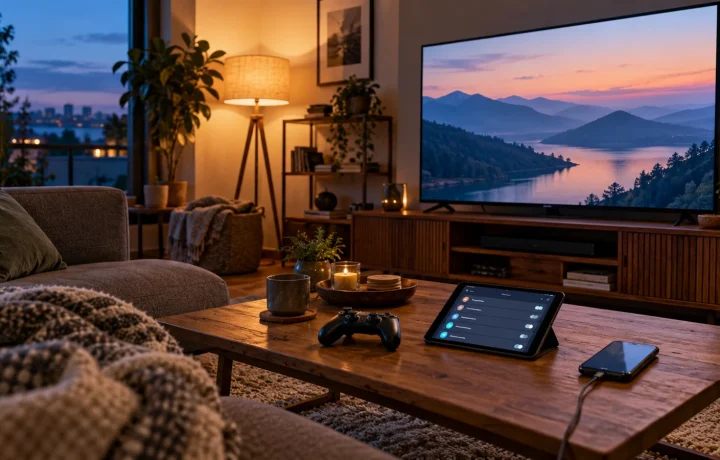 TV, tablet, smartphone and game controller in a naturally lit media room; AI-generated editorial illustration, not product testing
