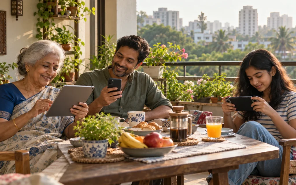 Three generations using a tablet, smartphone and handheld gaming device on an apartment balcony; AI-generated editorial illustration, not customers or product testing