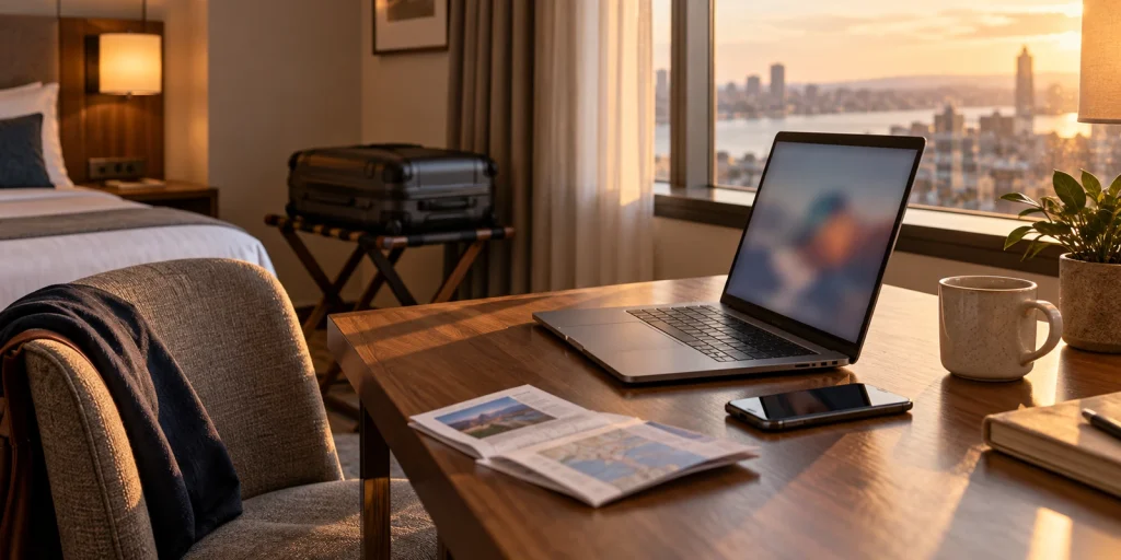 Hotel workspace with laptop, smartphone, travel papers and suitcase in late-afternoon light; AI-generated editorial illustration, not a customer or product test