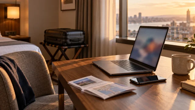 Hotel workspace with laptop, smartphone, travel papers and suitcase in late-afternoon light; AI-generated editorial illustration, not a customer or product test