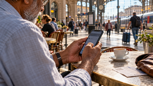 Older traveler using a smartphone at a railway-station café, illustrated public Wi-Fi setting