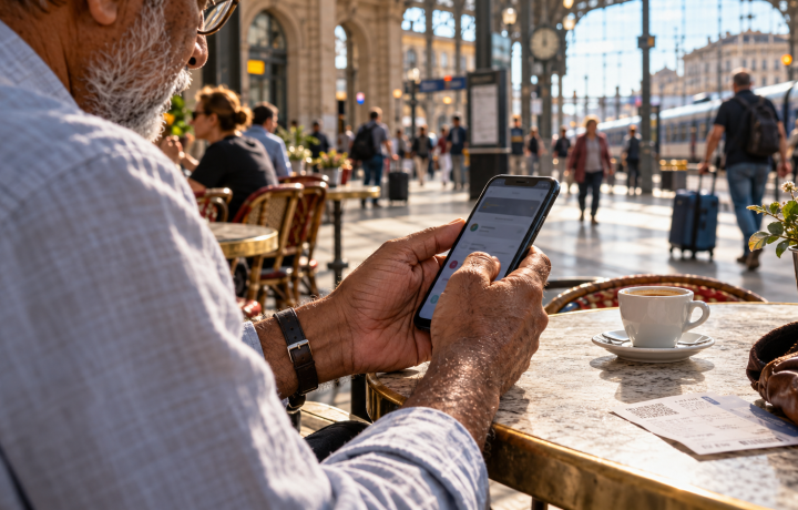 Older traveler using a smartphone at a railway-station café, illustrated public Wi-Fi setting
