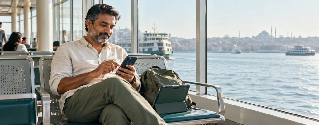 Traveler using a phone with a tablet beside a backpack at a ferry terminal; AI-generated editorial illustration, not a customer testimonial or product test