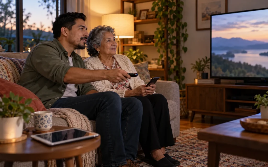 Two adults using a phone and remote in a living room with a tablet nearby; AI-generated editorial illustration, not customers or product testing