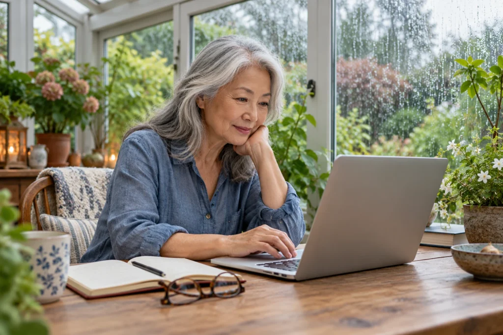 Older woman using a laptop in a plant-filled conservatory; AI-generated editorial illustration, not a customer or product test