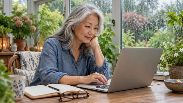 Older woman using a laptop in a plant-filled conservatory; AI-generated editorial illustration, not a customer or product test