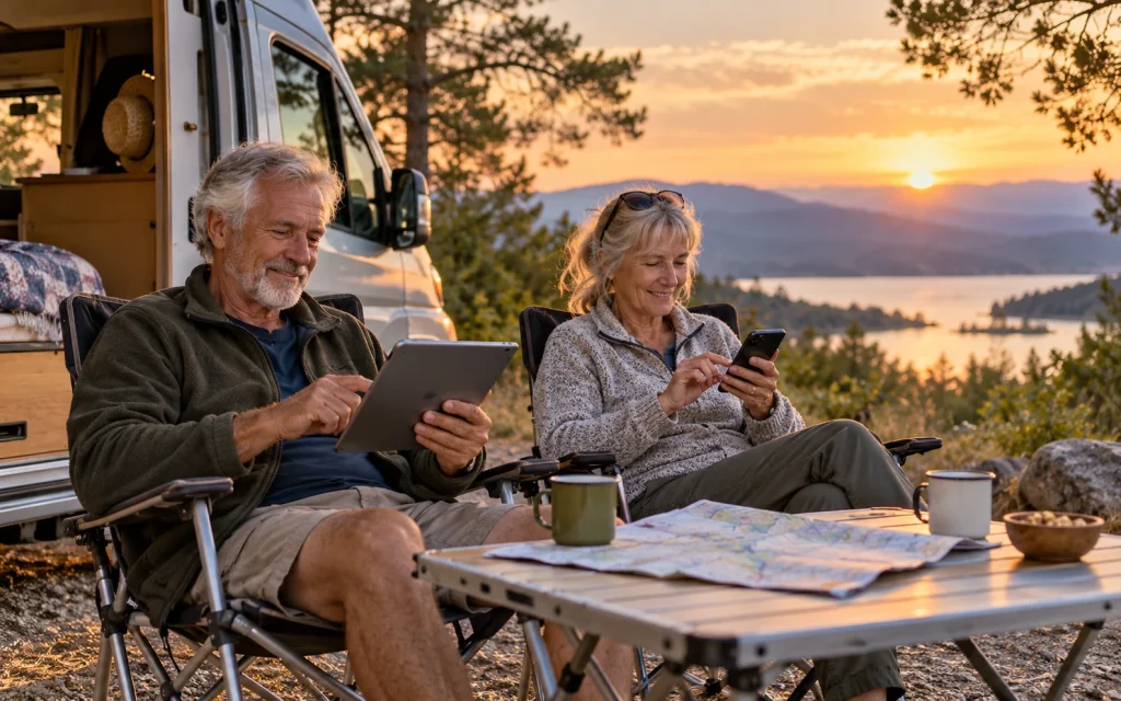 Older couple using a tablet and smartphone beside a camper van at a campsite; AI-generated editorial illustration, not customers or a network test