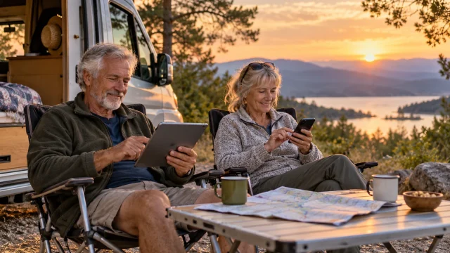 Older couple using a tablet and smartphone beside a camper van at a campsite; AI-generated editorial illustration, not customers or a network test