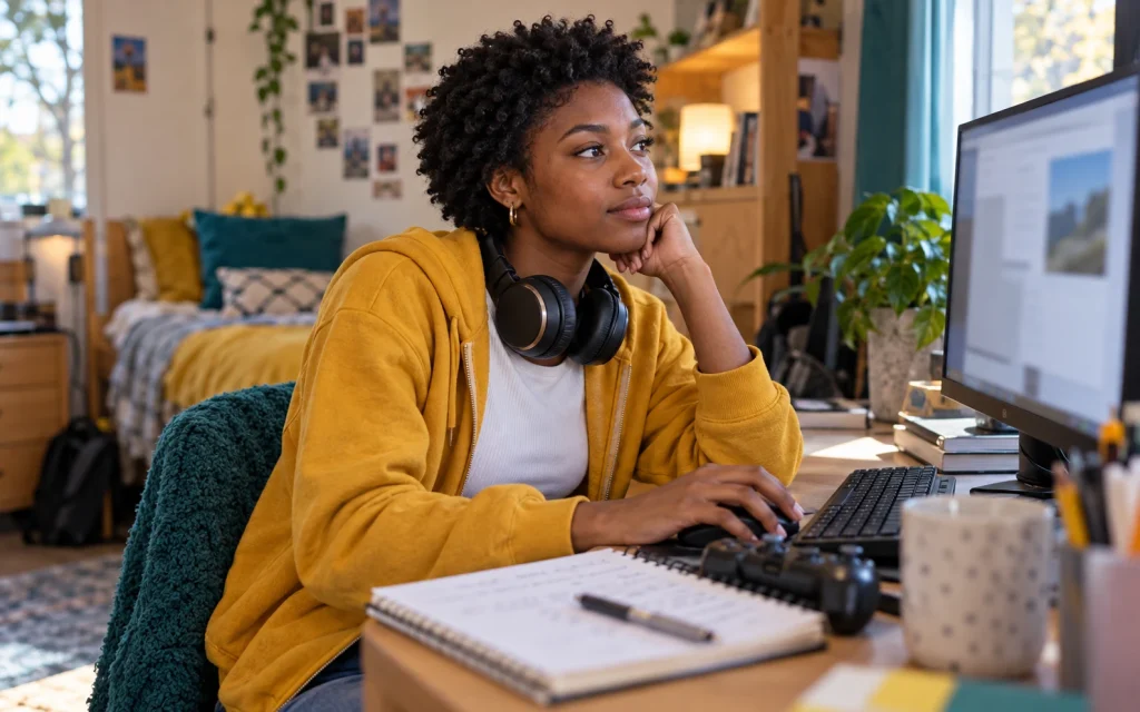 Adult woman at a dorm-room desktop computer with headphones and notebook; AI-generated editorial illustration, not a customer or product test