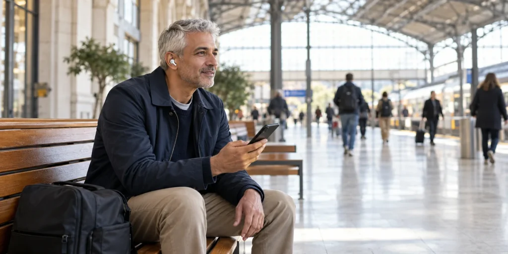 Silver-haired man using a smartphone and wireless earbuds at a quiet station bench; AI-generated editorial illustration, not a real call-quality test