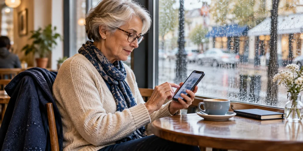 Older woman reviewing a smartphone in a café beside a rain-speckled window; AI-generated editorial illustration, not a banking test