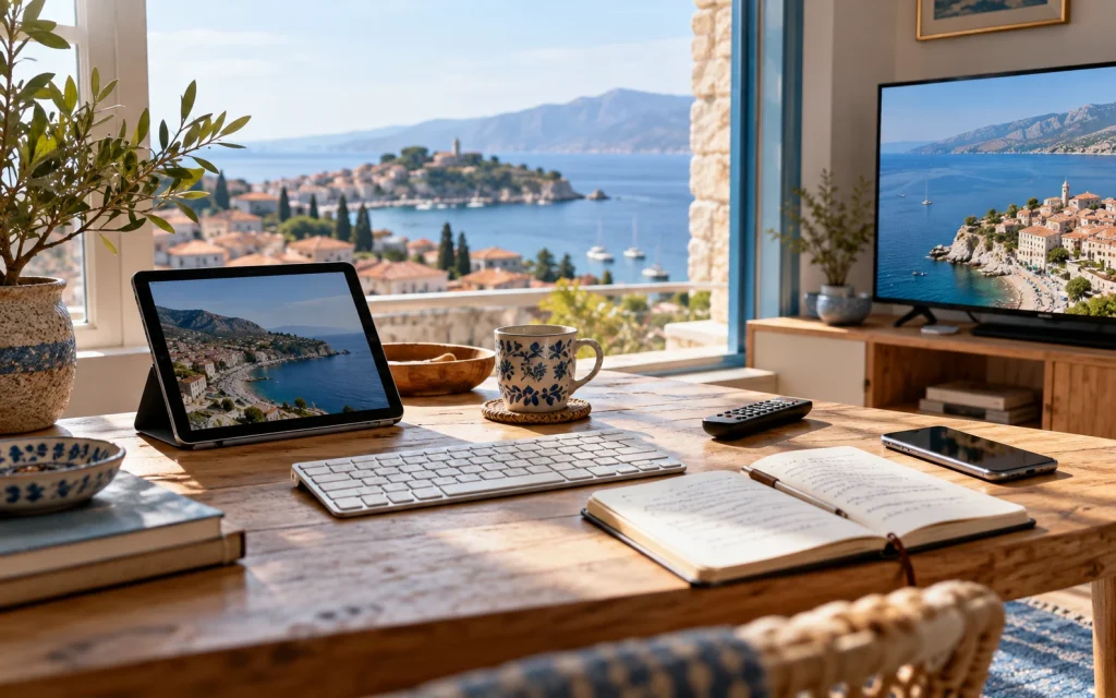 Tablet, smartphone, remote and notebook on a sunlit apartment desk overlooking a coastal town; AI-generated editorial illustration, not a customer or product test