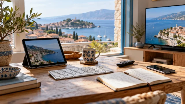 Tablet, smartphone, remote and notebook on a sunlit apartment desk overlooking a coastal town; AI-generated editorial illustration, not a customer or product test