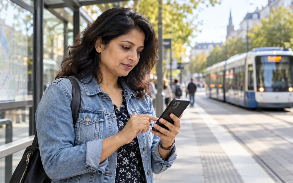 Adult woman using a smartphone at a city tram stop; AI-generated editorial illustration, not a customer or a network test