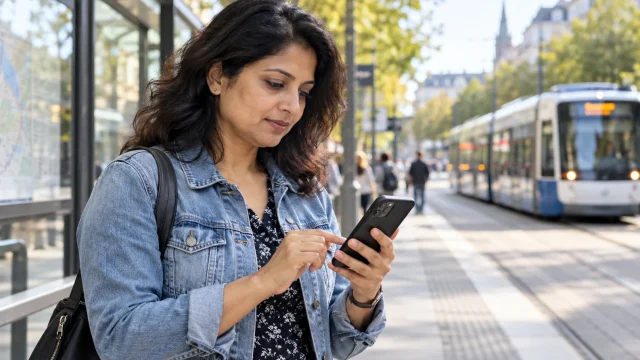 Adult woman using a smartphone at a city tram stop; AI-generated editorial illustration, not a customer or a network test