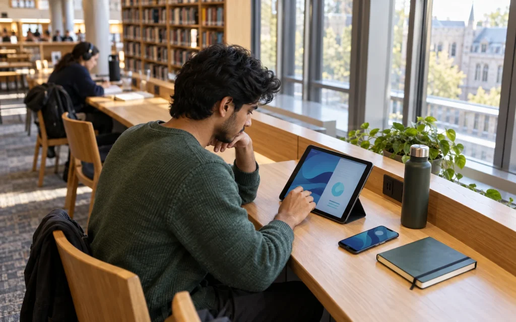 Student using a tablet at a library reading desk with a phone nearby; AI-generated editorial illustration, not a customer testimonial or product test