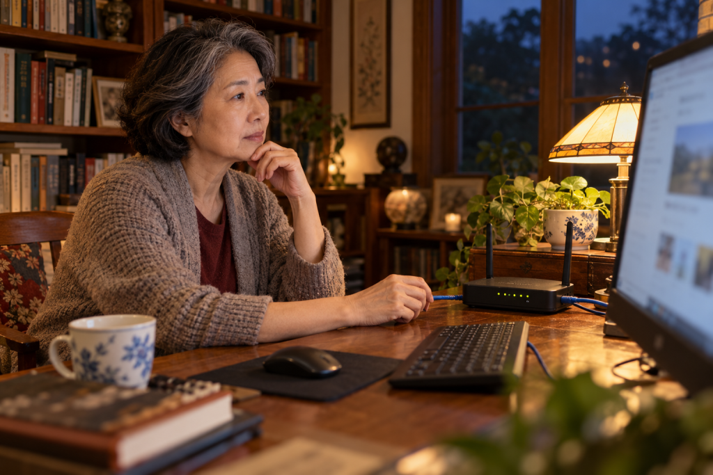 A woman using a desktop computer beside a router in a warmly lit home library