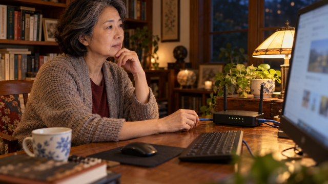 A woman using a desktop computer beside a router in a warmly lit home library