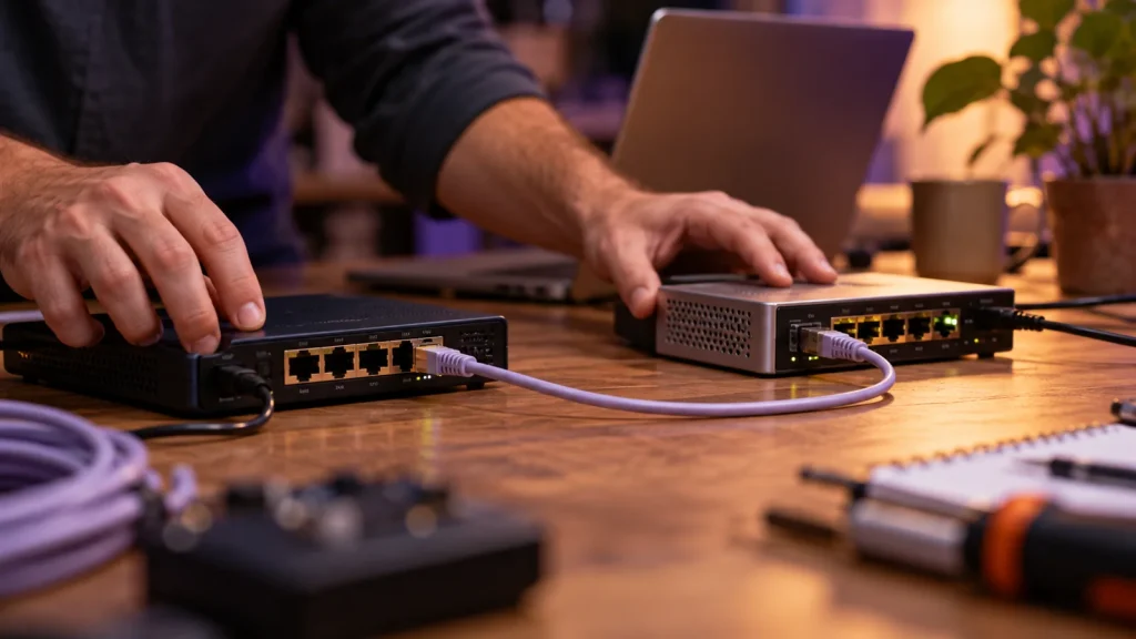 Two network gateway devices connected by ethernet cables on a workbench