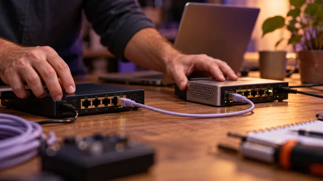 Two network gateway devices connected by ethernet cables on a workbench