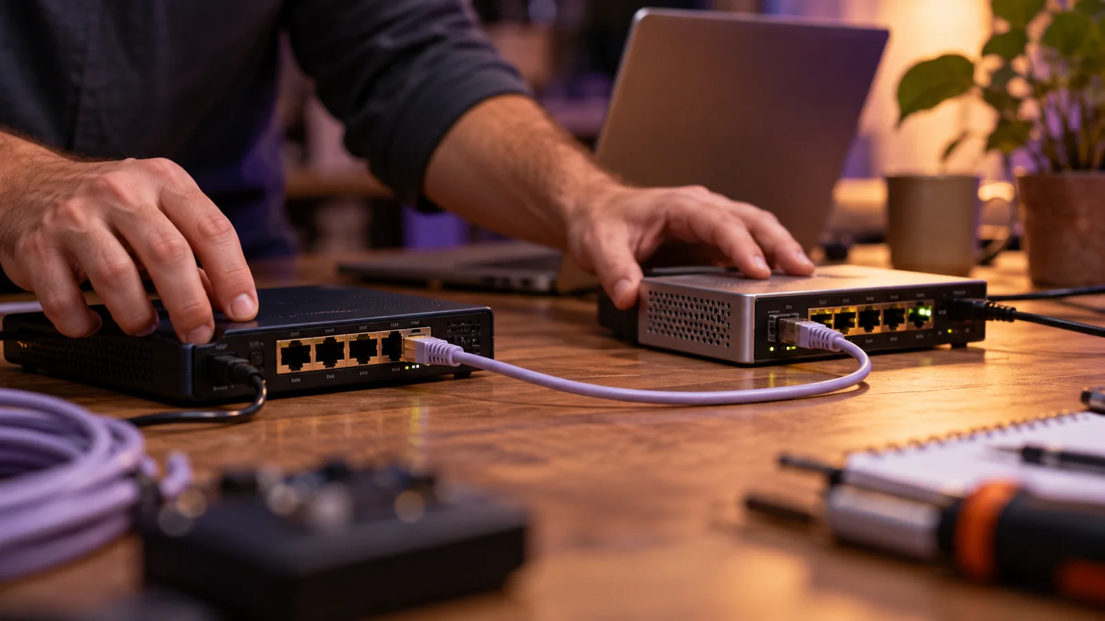 Two network gateway devices connected by ethernet cables on a workbench